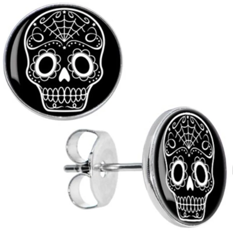 Black White Sugar Skull Art Stud Earrings