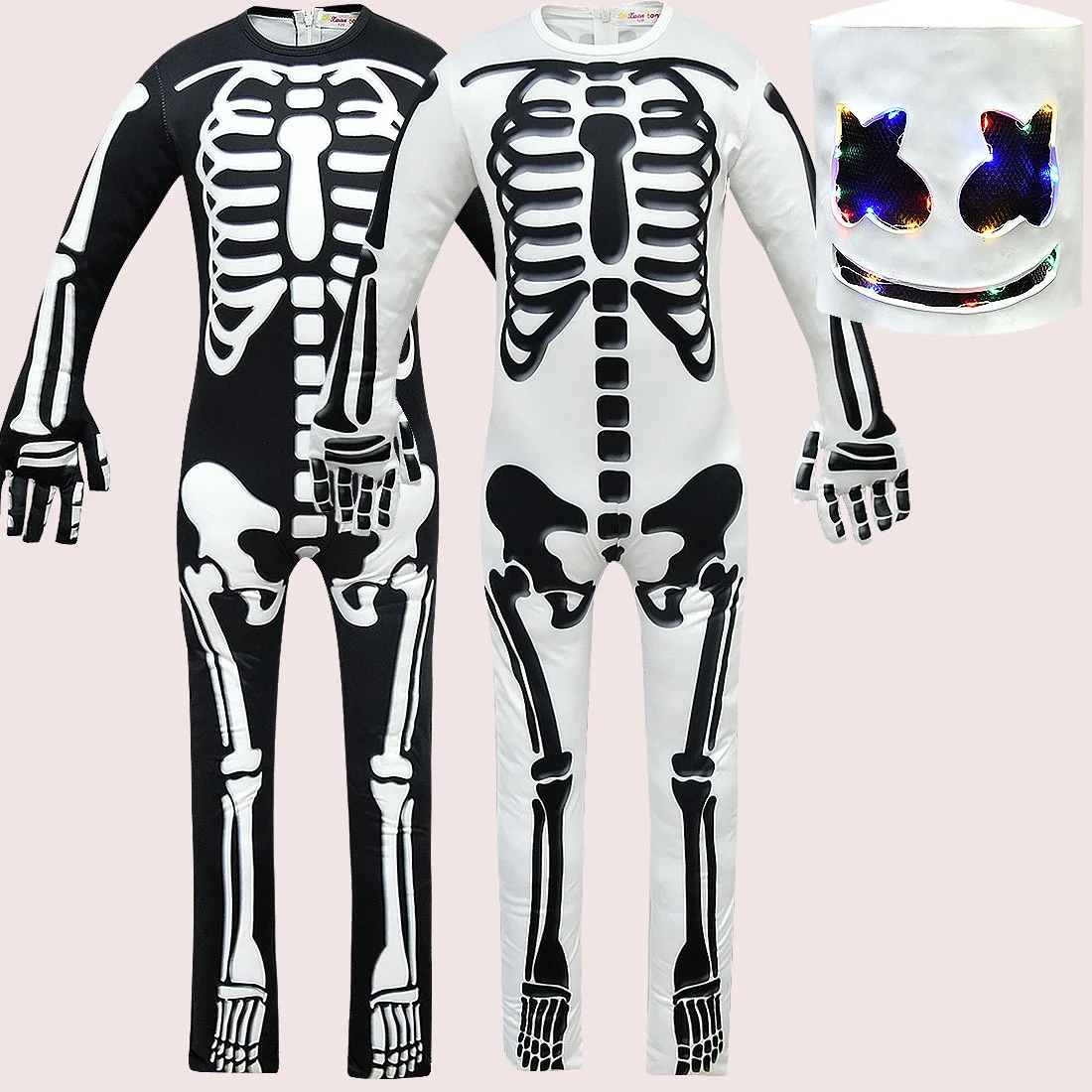 

DJ Marshmello costume skeleton suit children clothes set light mask Full Face Cosplay Carnaval Halloween Prop Latex Headdress