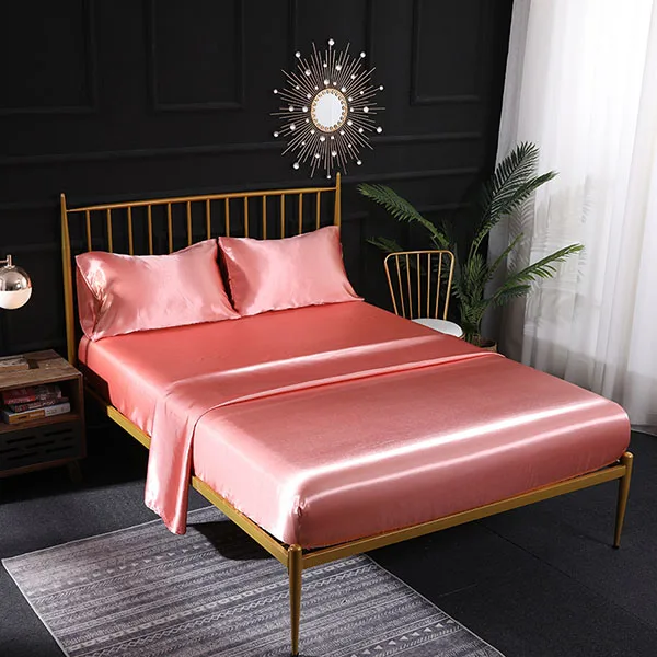 Satin imitate Silk Bed Sheet Flat Elastic Fitted Sheet King Queen Twin US UK Mattress Cover Slip Bedspread Bed linen Pillowcase - Цвет: deep pink