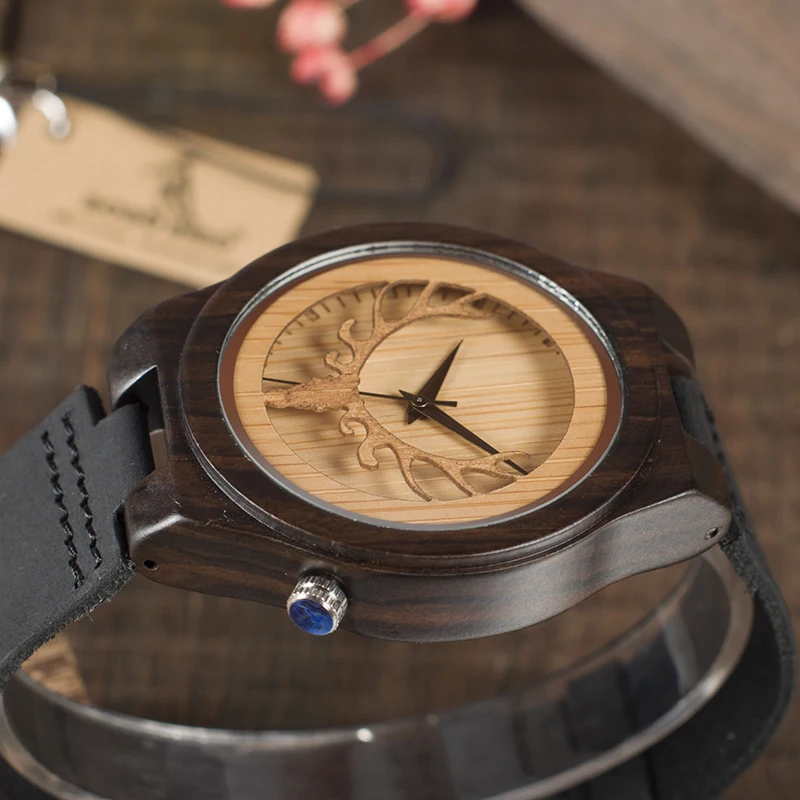 BOBO BIRD Leather Strap Black Wooden Quartz Watches Hollow Design Clock Luxury Men Brand Wrist Watch relogio masculino C-B18