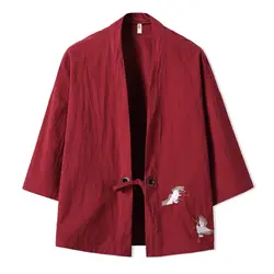 Вышивка японский Harajuku кимоно льняная рубашка Для мужчин SWAG Мода ретро происхождения Топы корректирующие брендовая одежда