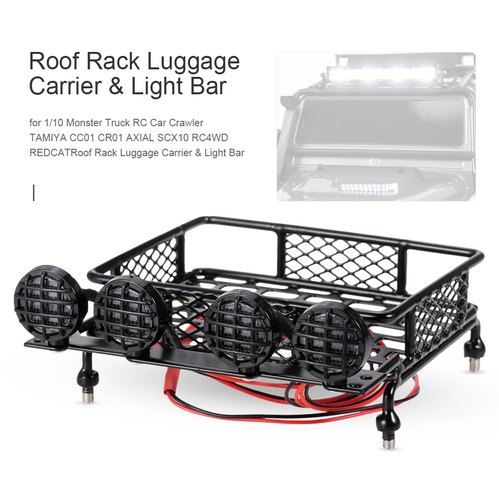 RC Rock Crawler Cars Roof Rack Luggage Carrier & LED Light Bar for RC Car 110 Truck TAMIYA CC01 CR01 AXIAL SCX10 RC4WD REDCAT (12)
