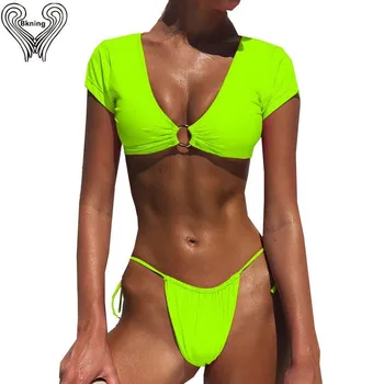 

4 Colors Short Sleeve String Bikini Set For Women Leopard Brazilian Biquini Female Bathing Suits Two Pieces Padded Monokini