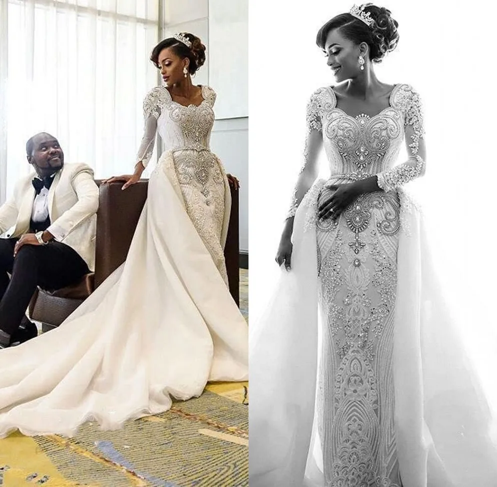 

Luxury African Mermaid Long Sleeves Crystal Beaded Wedding Dresses 2019 White Bride Dress Bridal Wedding Gowns Robe de Mariee