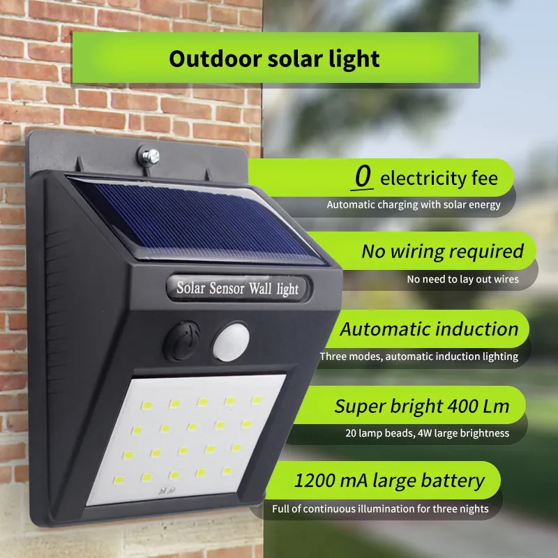 

1pcs 10pcs LED Solar lamp 3 modes Motion Sensor Wall Light 20 LED Outdoor Waterproof Street Yard Path garden power solar lights