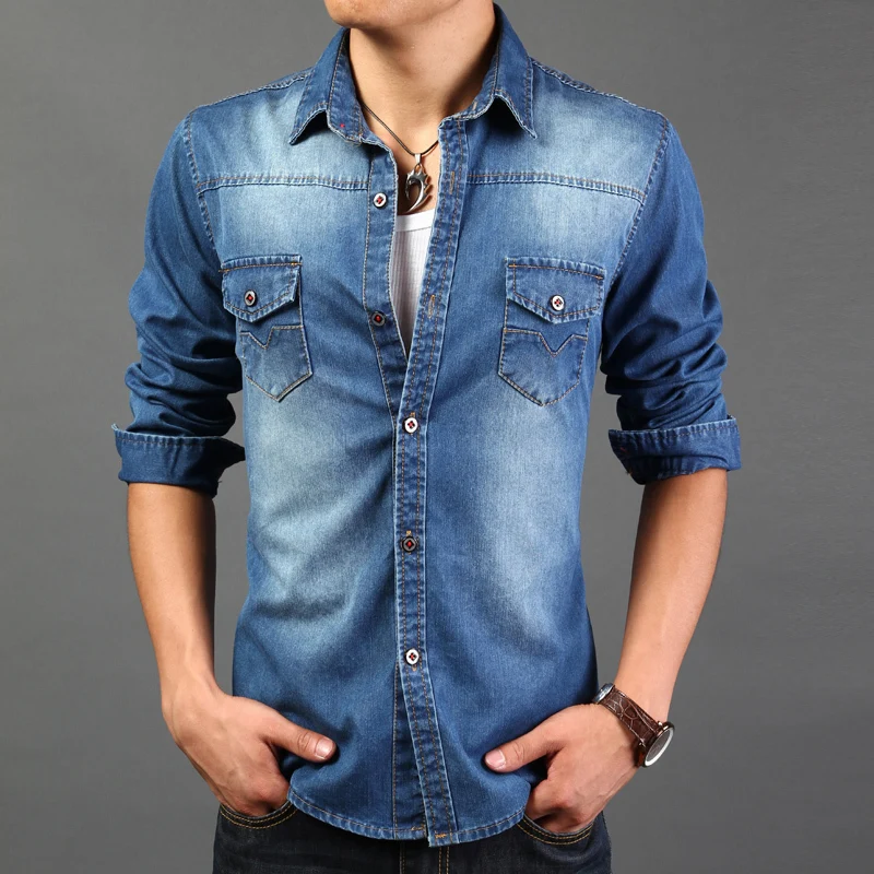 KLJR Men Long Sleeve Slim Solid Color Button Up Ruched Washed Western Denim Shirt