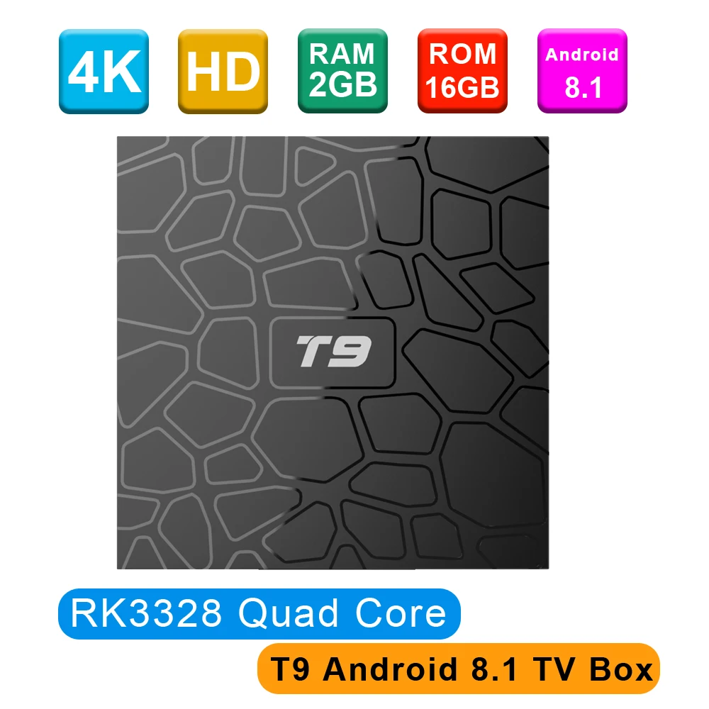 T9 Смарт Android 8 1 ТВ коробка 4 ГБ/32 ГБ ГБ/64 Гб RK3328 Четырехъядерный 4K телеприставка VP9