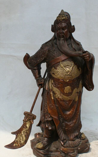 

JP S0524 15" Chinese Bronze dragon Robe Stand Guan Gong Yu Warrior God knight Statue