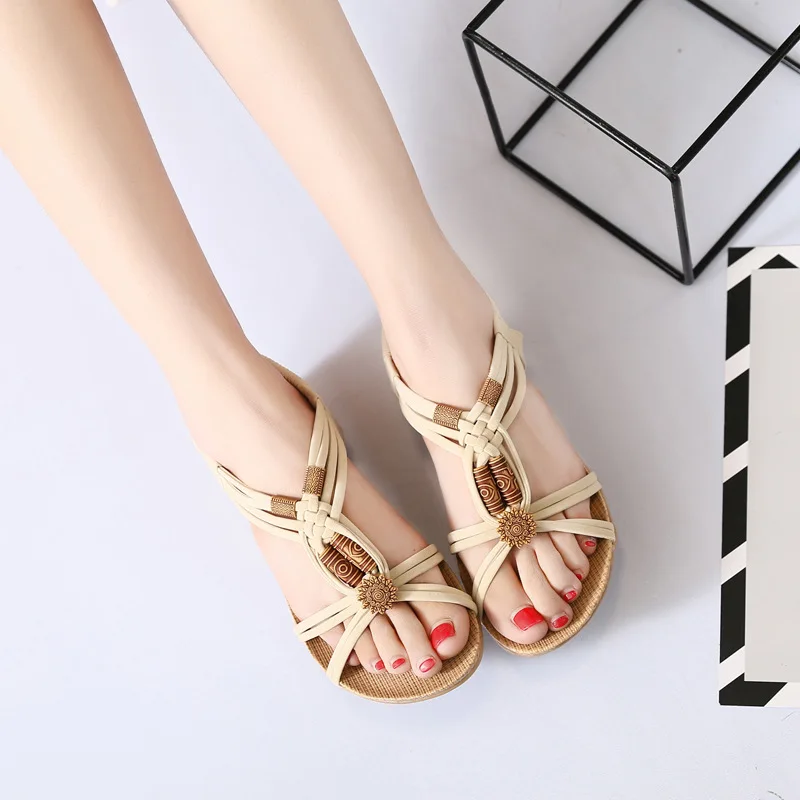 

Free shipping Sandals Women New 2017 Summer Bohemian Flat Fishbone Sandals Beaded Handmade Roman Sandals