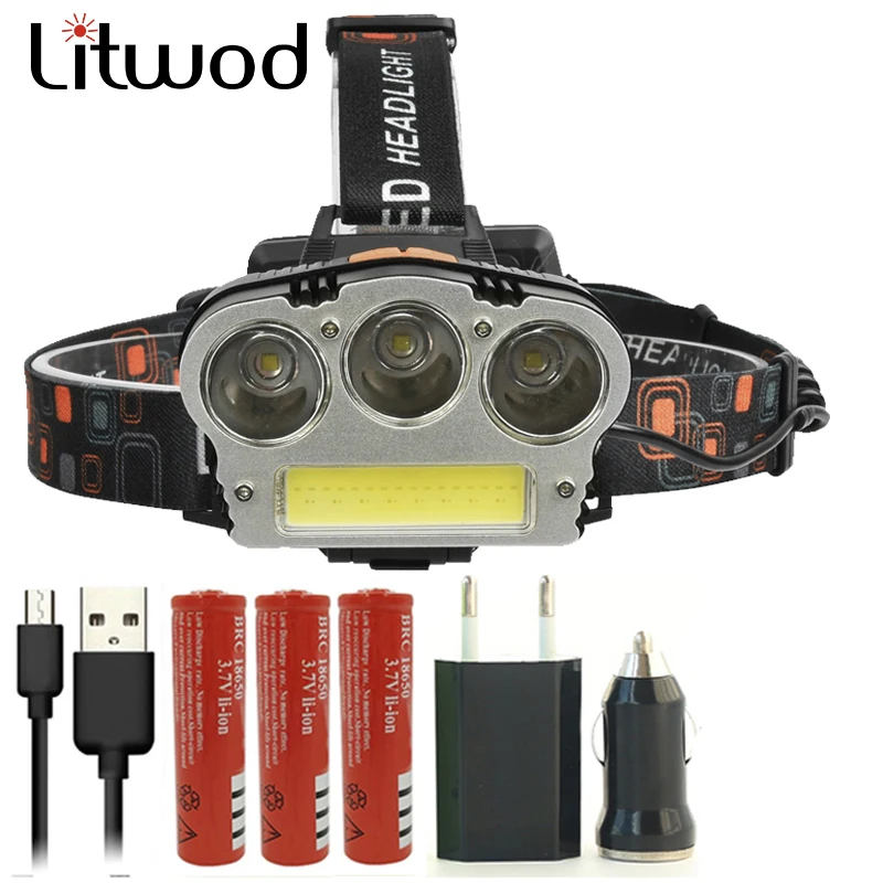 

Litwod z202511 15000 Lumen led headlamp headlight xml 3*T6+COB head flashlight torch USB rechargeable Head lamp For Camping