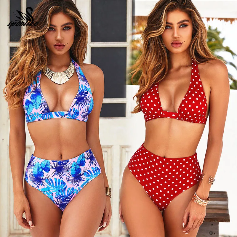 

SPORLIKE New Bikinis Women Swimsuit High Waist Biquini Halter Swimwear Swimsuit Print Bathing Suits Beach Wear Summer Swim Suit