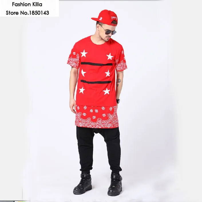 ヒップ ホップ ファッション長い赤黒と白バンダナ メンズ と レディース拡張tシャツ星サイドジップ特大ペイズリー Tシャツ Extended T Shirt Fashion T Shirtt Shirt Aliexpress