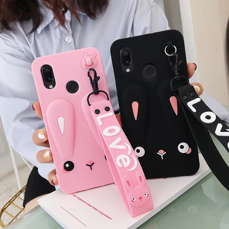 

Adorable Phone Case For Xiaomi Redmi Note 7 MI 9 MI 9SE MI 8 Safe Silicone Rabbit Phone Case With Cute Short + Long Lanyard