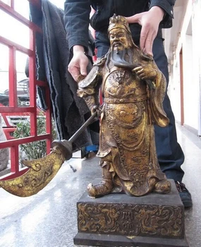 

wholesale factory 31 INCH China Folk Fane Old Bronze gild Dragon Guan Gong warrior general Statue 25% off