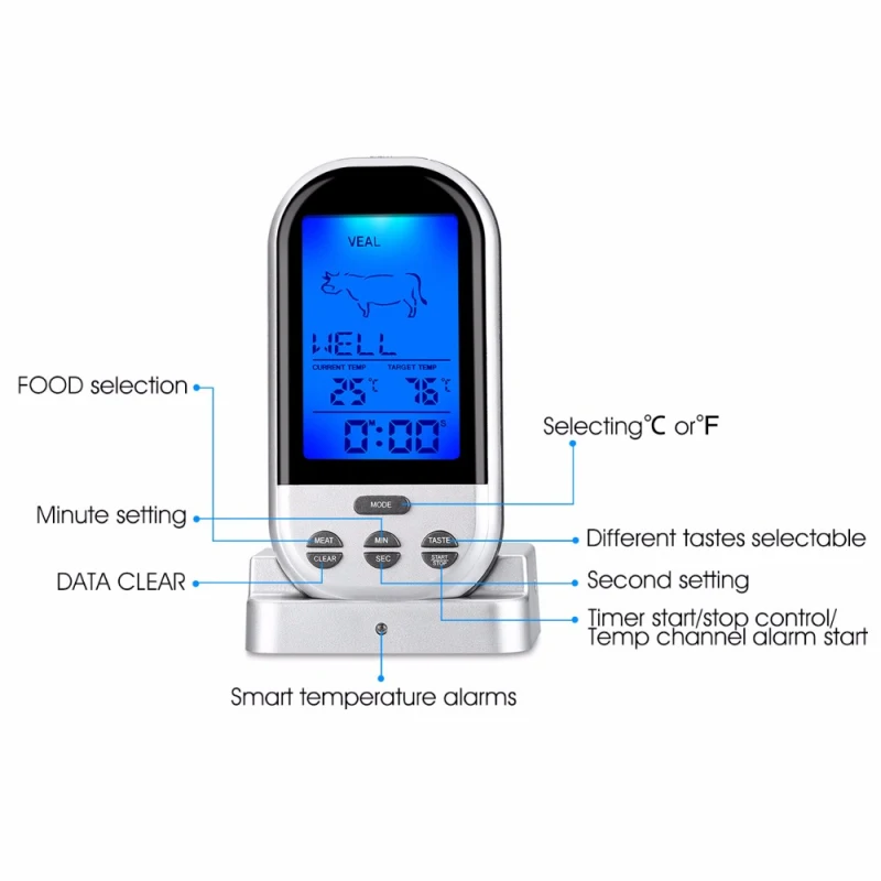 Беспроводной термометр для приготовления пищи с ЖК-дисплеем, таймер для барбекю, цифровой зонд, термометр для мяса, термометр для барбекю, датчик температуры, кухонные инструменты для приготовления пищи