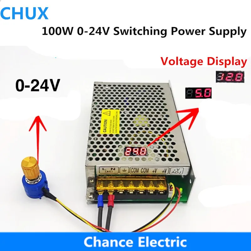 

CHUX 100W Digital Display Switching Power Supply Voltage Adjustable DC 0-24V 4A Whole Range Adjustable Power Supply for led