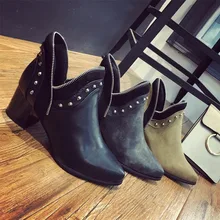 Women s Great pu Leather Pointed Toe Med Thick Heel Rivet Ankle Boots Brand Designer Short