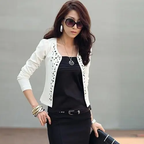 Супер модный крутой женский длинный рукав Болеро костюм маленькая куртка элегантная женская куртка с заклепками черный/белый