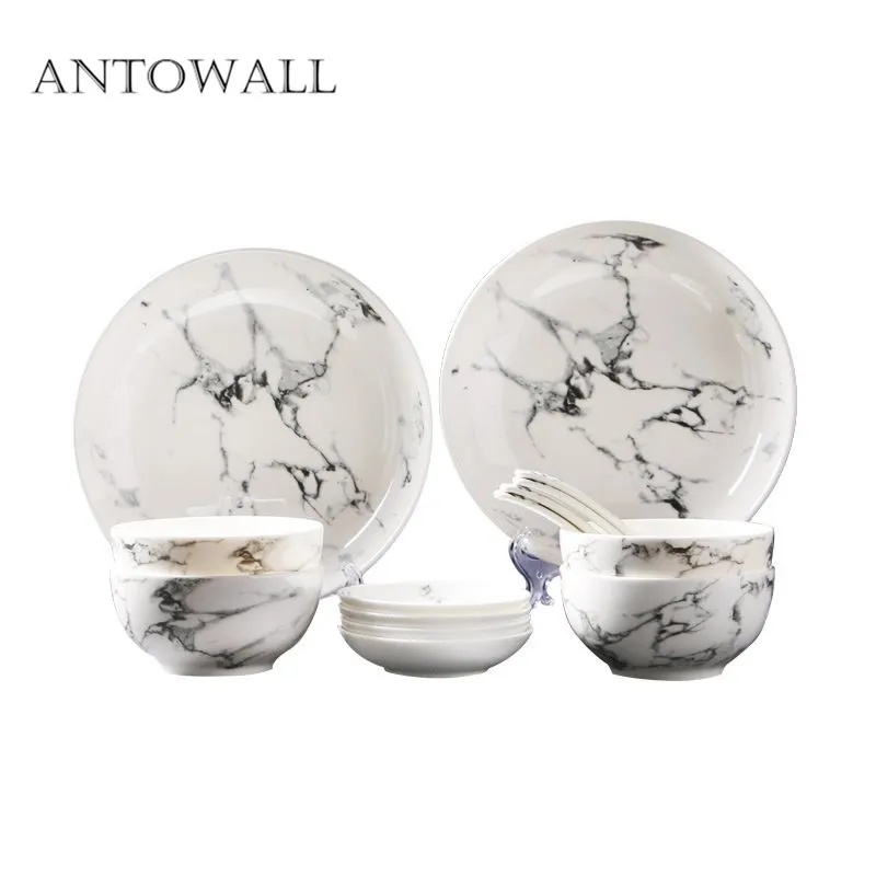 

ANTOWALL Marble European ceramic tableware set restaurant rice bowl dish plate sauce dish disc home 4persons dinnerware set