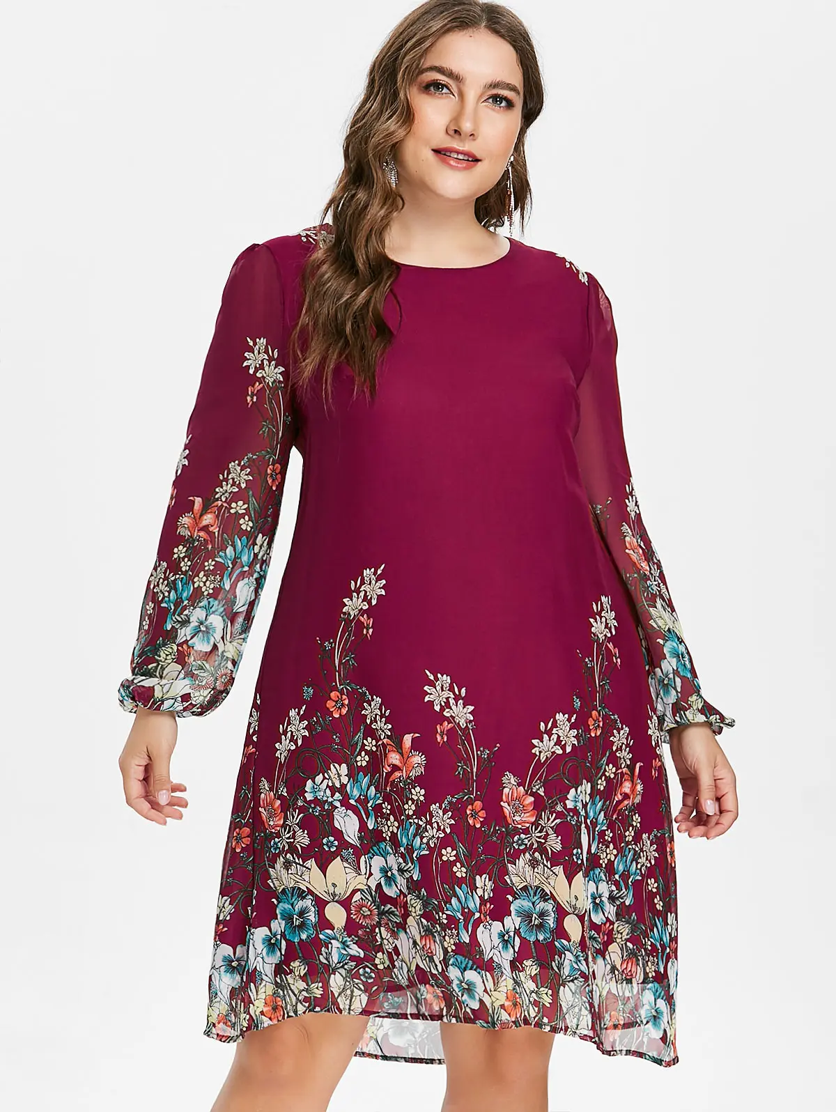 ROSEGAL Plus Size Floral Print Tunic Women Dress Long Sleeve Elegant Tribal Flower Vocation Shirt Chiffon 5XL|Платья| |
