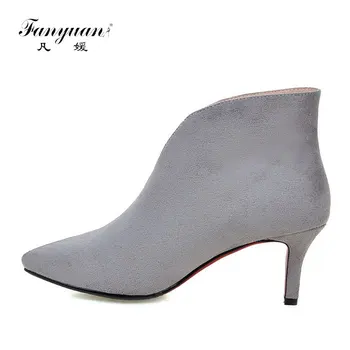 

Fanyuan Women Thin Heel Boots for Winter Slip on V-Closure Type Plain Pointed Toe Med Heels Ankle Boots Plus Size