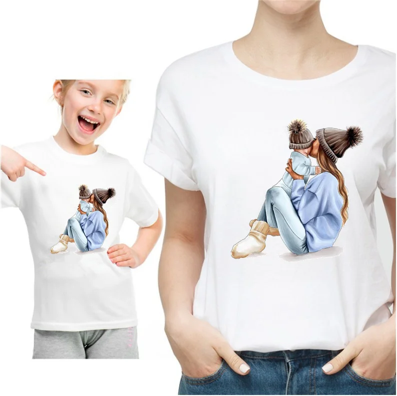 Harajuku/Модная белая футболка для мамы и дочки одежда для родителей и детей Повседневная Милая женская футболка с короткими рукавами HKP3093