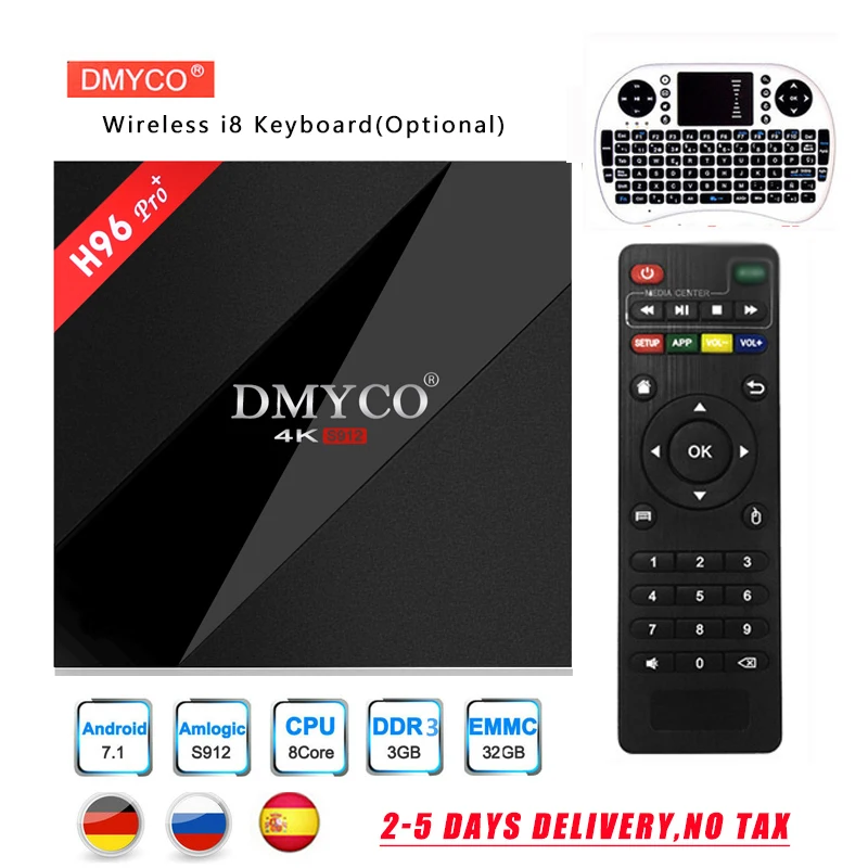 

H96 Pro+ 4K HD TV Box Amlogic S912 Octa Core Android 7.1 3GB RAM 32GB ROM BT 4.1 2.4GHz/5.0GHz WiFi Set Top Box with i8 Keyboard