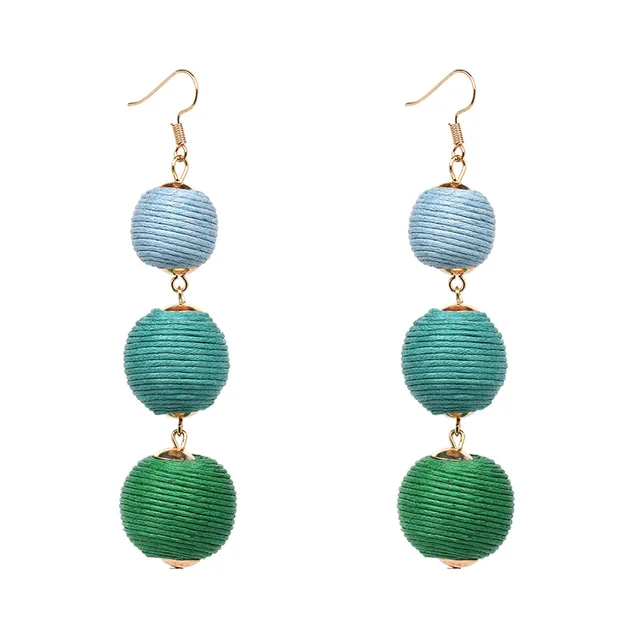 Rainbery Thread Ball Dangle Earrings Triple Beaded Rainbery Thread Ball Dangle Earrings Triple Beaded Ear Bon Color Pom