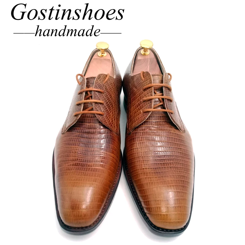 Goodyear Welted Men Derby Shoes Brown Upper Cow Leather Lizard Skin Printed Dress Formal Business Party Wedding Shoes gstn16 Goodyear Welted Men Derby Shoes Brown Upper Cow Leather Lizard Skin Printed Dress Formal Business Party Wedding Shoes gstn16