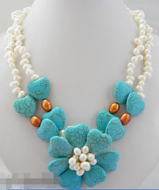 

Free shipping hot sale>>2row 19'' 6mm white freshwater pearl 9mm rice orange pearl Turquoise necklace