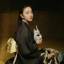 Винтажное черное кимоно для девочек юката с Obi, японское Благородное женское вечернее платье, длинное платье с принтом, одежда для косплея