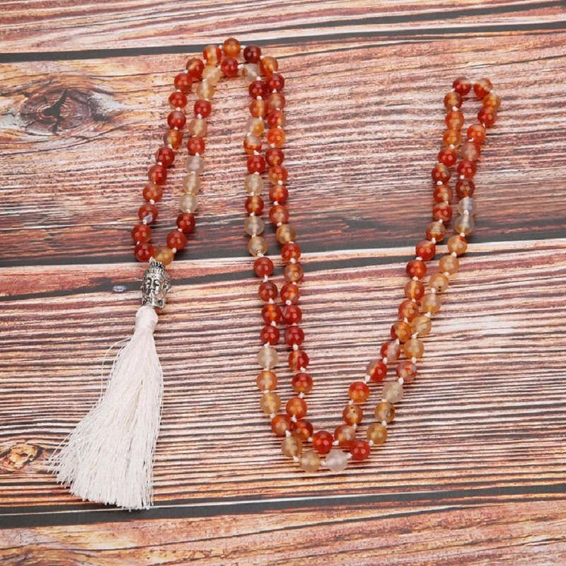 

Trendy Natural Orange Onyx Female Tassel Strand Necklace 108 Beads Mala Hand Knotted Sweater Chain Yoga Healing Jewelry Dropship