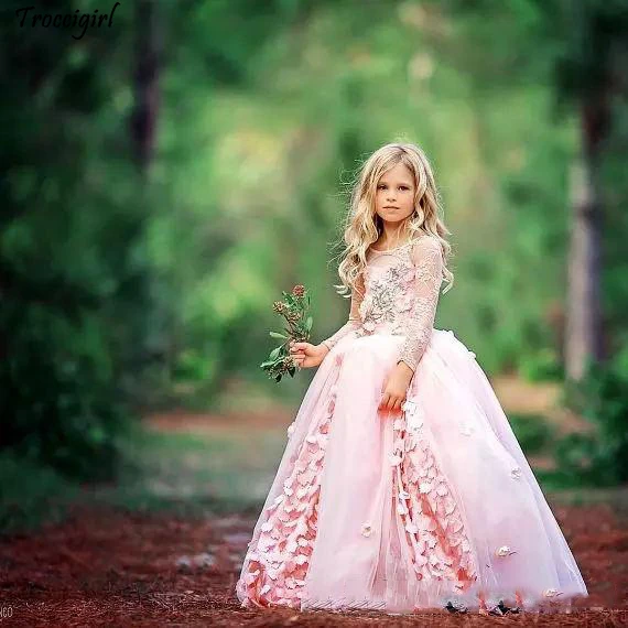 Милые винтажные пышные платья для девочек Великолепные Платья с цветочным узором для девочек на свадьбу, кружевной длинный рукав, аппликация из тюля с коротким шлейфом и цветочным рисунком