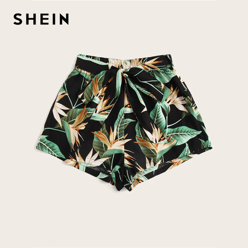 Женские пляжные шорты SHEIN многоцветные богемные с тропическим принтом и поясом