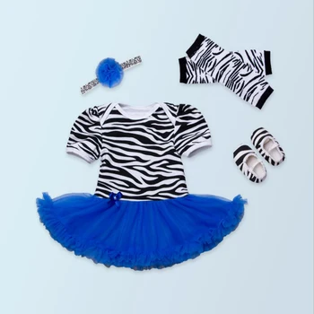 

4PCs per Set Short Sleeves Blue Baby Girl Zebra Striped Tutu Dress Infant Clothes Leg Warmers Shoes Headband 0-24Motnths