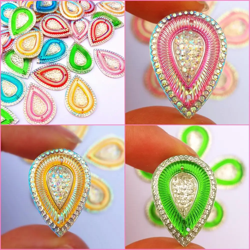 Стразы из смолы смешанных цветов 18x25 мм в форме капли с 2 отверстиями для шитья