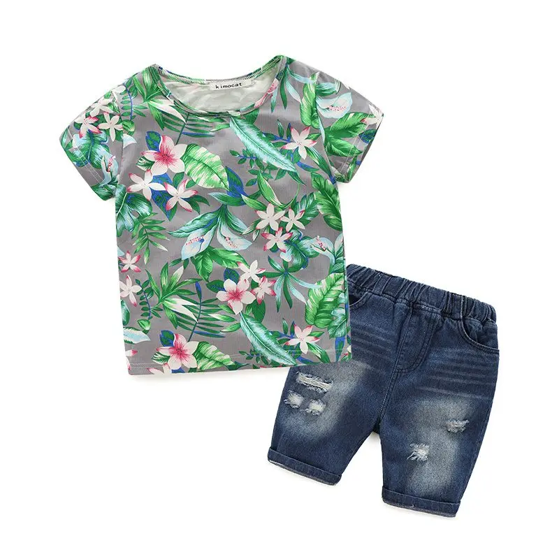 Baby Boys Floral Clothing Sets Kids Tshirt And Denim Shorts Children Summer Two Piece Clothes