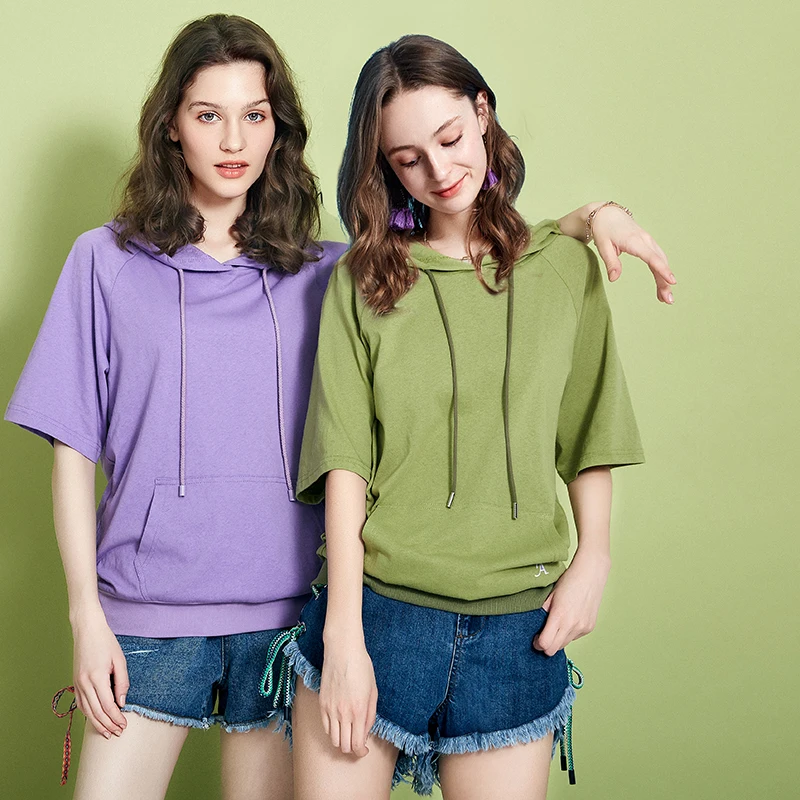 ARTKA 2019 Summer New Women's Hoodies Solid Color Short Sleeve Hoodie Leisure Embroidered Full Sleeve Hooded Sweatshirt VA10489Q