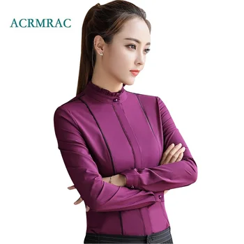 

ACRMRAC Women's shirts New Spring and autumn Standing collar stripe Slim Long sleeve Business OL Formal shirt