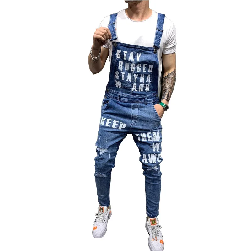 Mcikkny Men's Ripped Denim Jeans Bib Overalls Letter Printed Jeans