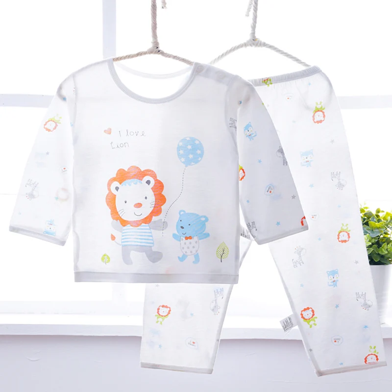 Пижама для младенцев, комплекты для мальчиков и девочек, мягкое бамбуковое волокно с длинными рукавами, тонкая одежда для сна для малышей, пижамы для детей, пижама для малышей 0-24 месяцев - Цвет: Lion blue