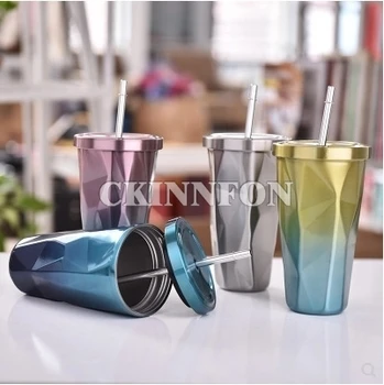 

100Pcs/Lot 17oz Coffee Mug With lid Straw Double Wall Stainless Steel Vacuum Insulation 500ml Water Bottle Travel thermos mugs
