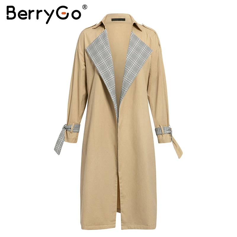 BerryGo отложной воротник сшивание Женский Тренч винтажное клетчатое осенне-зимнее длинное пальто с поясом Женское пальто