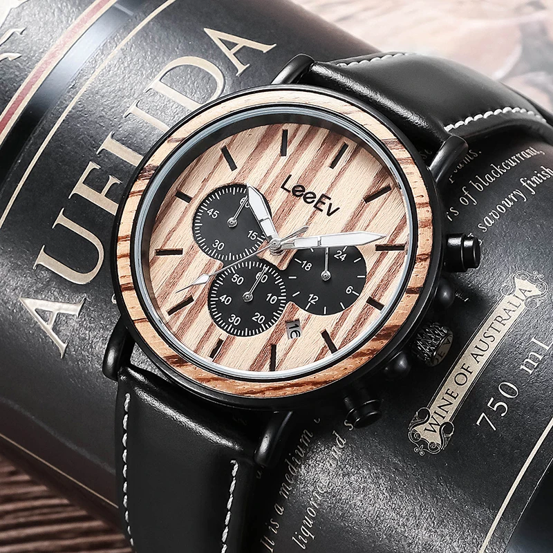 

LeeEv Wood Watch for Men Luxury Leather Strap Band Wood & Stainless Steel Chronograph Military Quartz Wrist Watches
