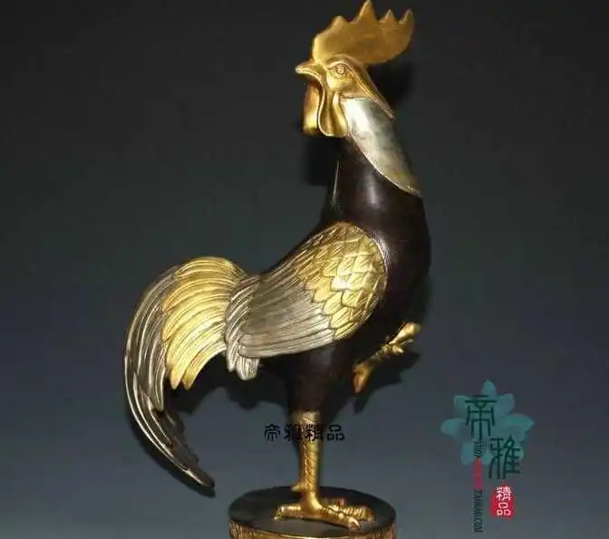 

China Folk Bronze Copper 24K Gold Gild Silver Zodiac Rooster Chicken Cock Statue