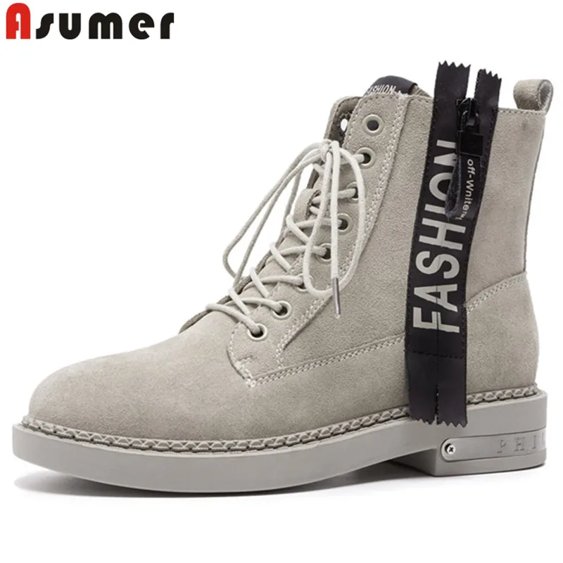 

ASUMER black fashion new ankle boots for women round toe lace up suede leather boots low heels comfortable ladies boots