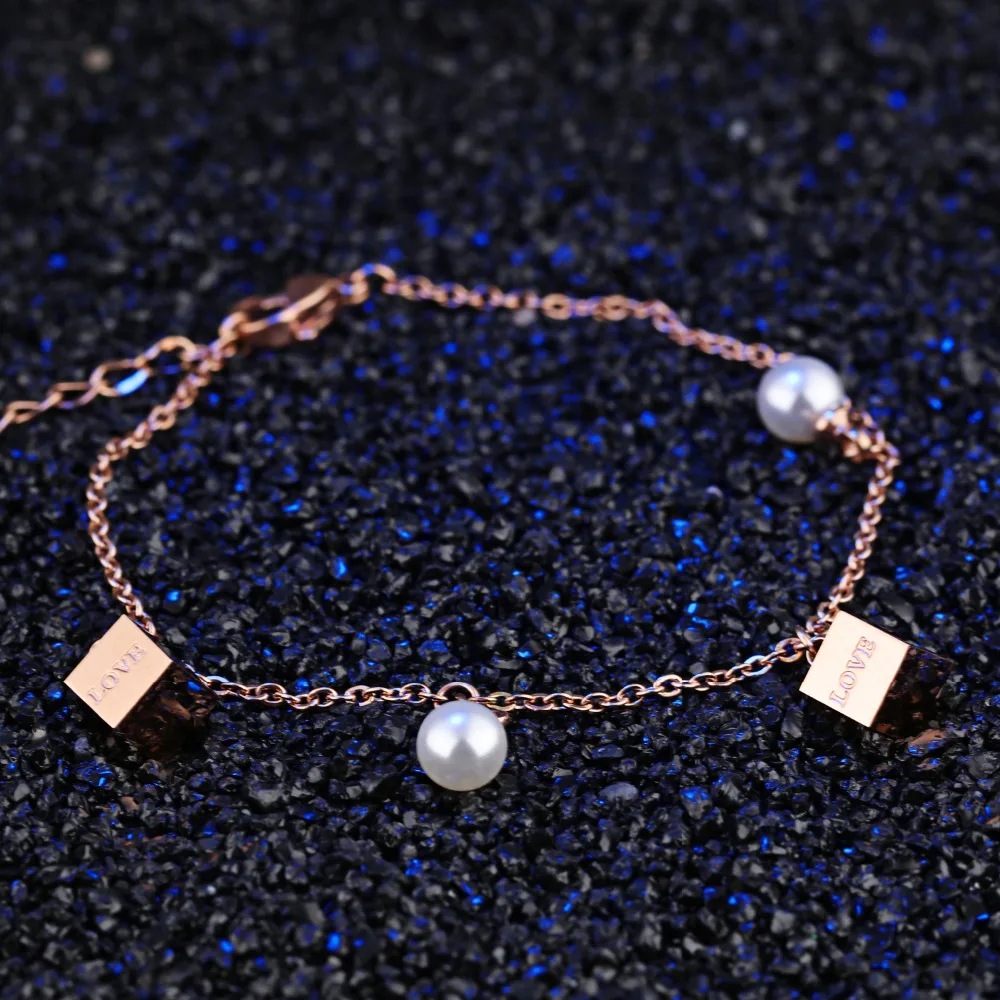 FATE LOVE Brand Women Statement Simulated Pearl Bracelets & Bangles Chain Link stainless steel Luxury Fashion Jewelry