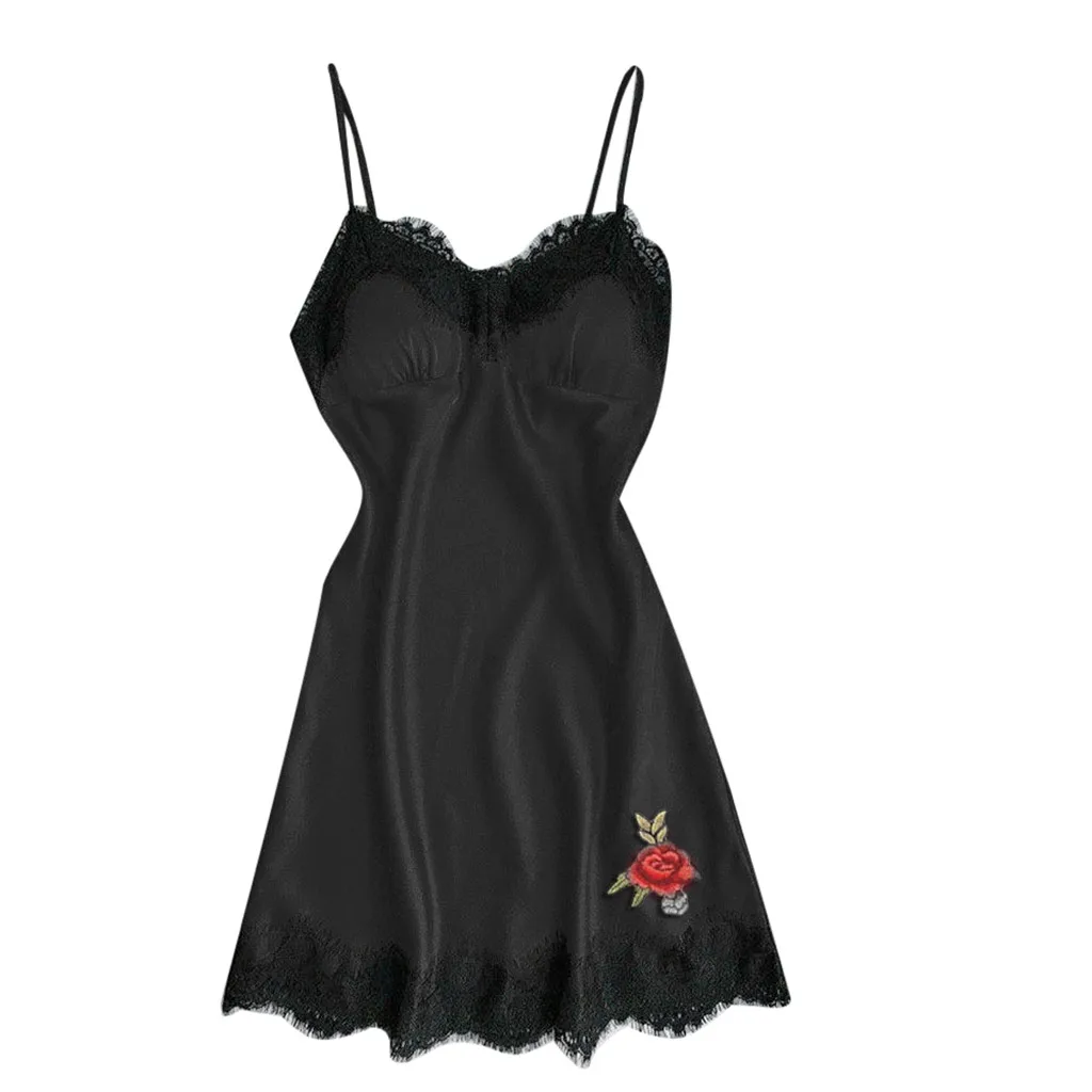 Сексуальное платье-пеньюар на Android, кружевная ночная сорочка, сексуальная сорочка на бретелях, шелковое платье, ночная рубашка, одежда для сна - Цвет: Черный