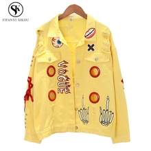 Новая Осенняя джинсовая куртка с принтом и дырками на шнуровке в стиле Харадзюку, женская Свободная джинсовая куртка в стиле хип-хоп, большие размеры, LP110