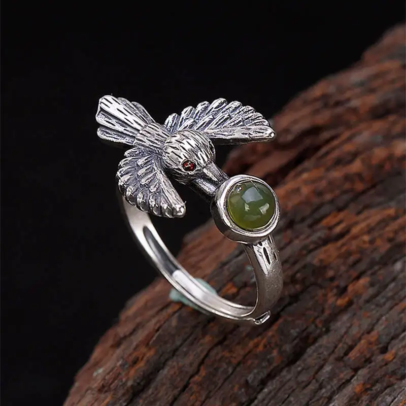V. YA Ретро S925 Серебряное кольцо открытый размер Vivied Bird дизайн натуральный камень женские ювелирные изделия из чистого серебра кольца хороший подарок для друга - Цвет основного камня: Зеленый
